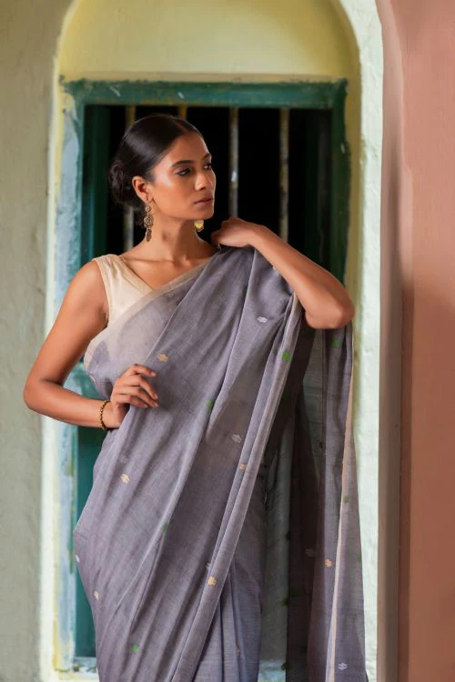 TICH Exclusive Soft Handwoven Bengal Cotton Jamdani Saree - Forest Tales - Image 2