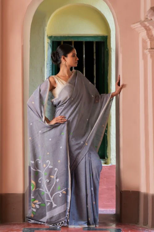 TICH Exclusive Soft Handwoven Bengal Cotton Jamdani Saree - Forest Tales - Image 3