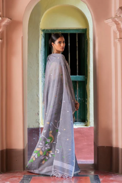 TICH Exclusive Soft Handwoven Bengal Cotton Jamdani Saree - Forest Tales - Image 4