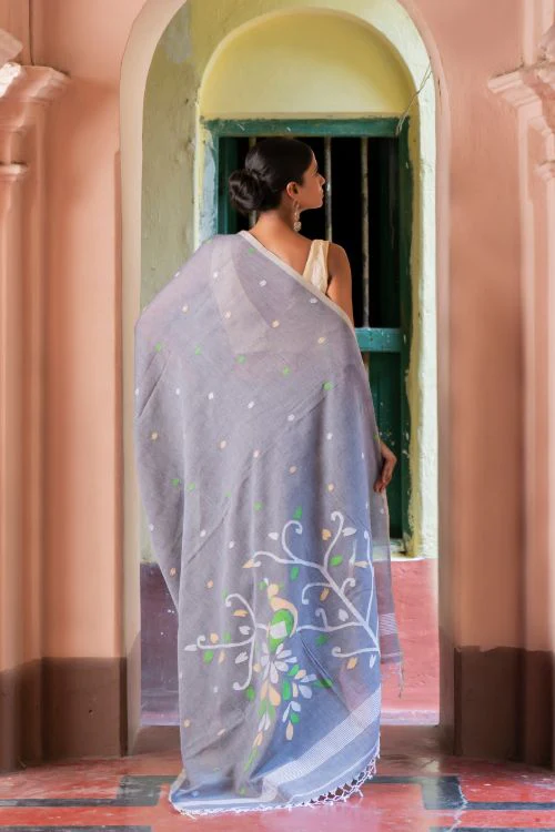 TICH Exclusive Soft Handwoven Bengal Cotton Jamdani Saree - Forest Tales - Image 5