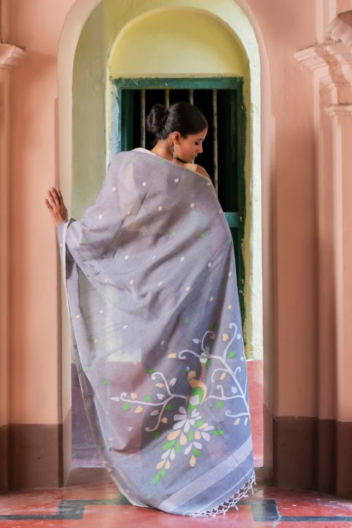 TICH Exclusive Soft Handwoven Bengal Cotton Jamdani Saree - Forest Tales - Image 6
