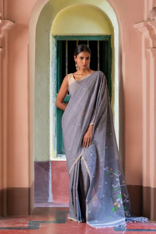 TICH Exclusive Soft Handwoven Bengal Cotton Jamdani Saree - Forest Tales - Image 7