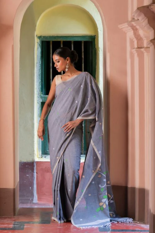 TICH Exclusive Soft Handwoven Bengal Cotton Jamdani Saree - Forest Tales - Image 9