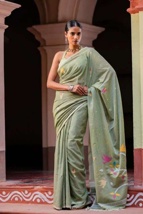 TICH Exclusive Soft Handwoven Bengal Cotton Jamdani Saree - Pakher Bhor - Image 5