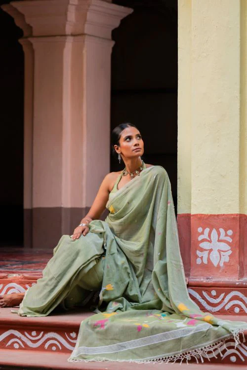 TICH Exclusive Soft Handwoven Bengal Cotton Jamdani Saree - Pakher Bhor - Image 6