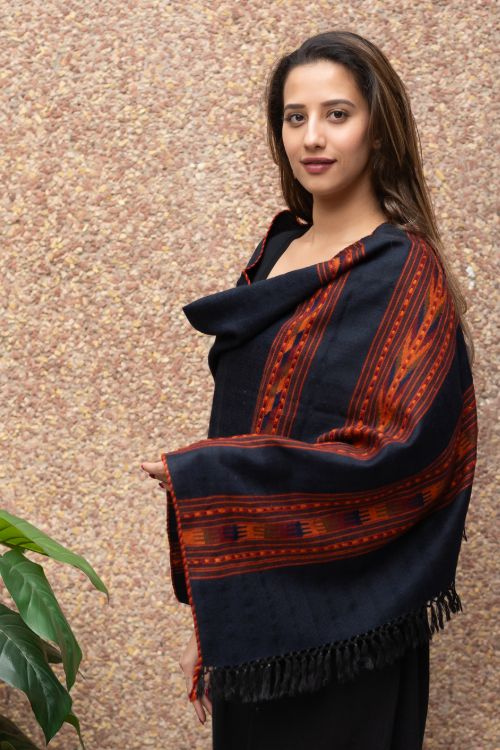 TICH Fine, Soft Himachal Self Striped Wool Stole - 3 Panels, Blue Black - Image 3