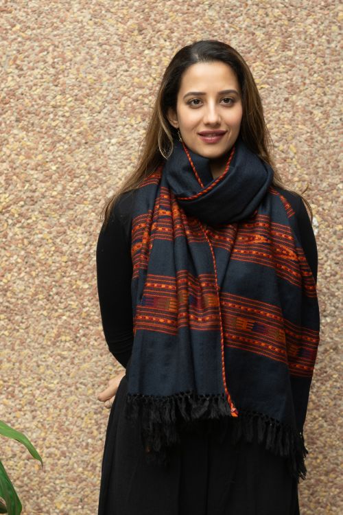 TICH Fine, Soft Himachal Self Striped Wool Stole - 3 Panels, Blue Black - Image 5