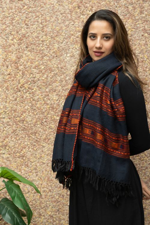 TICH Fine, Soft Himachal Self Striped Wool Stole - 3 Panels, Blue Black - Image 6