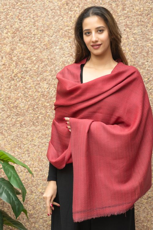 TICH Fine, Soft Himachal Wool Self Striped Plain Stole - Pale Red - Image 2