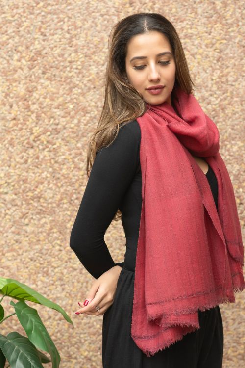 TICH Fine, Soft Himachal Wool Self Striped Plain Stole - Pale Red - Image 5