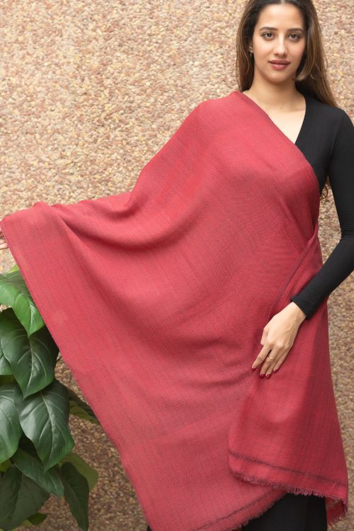 TICH Fine, Soft Himachal Wool Self Striped Plain Stole - Pale Red - Image 6