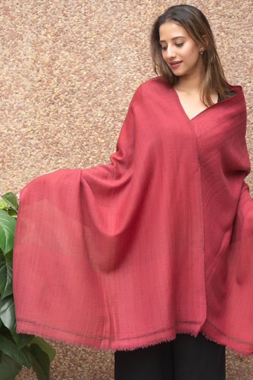 TICH Fine, Soft Himachal Wool Self Striped Plain Stole - Pale Red - Image 8