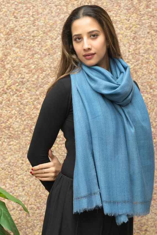 TICH Fine, Soft Himachal Wool Self Striped Plain Stole - Warm Blue - Image 2