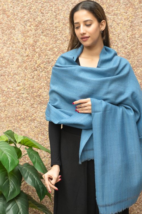TICH Fine, Soft Himachal Wool Self Striped Plain Stole - Warm Blue - Image 3