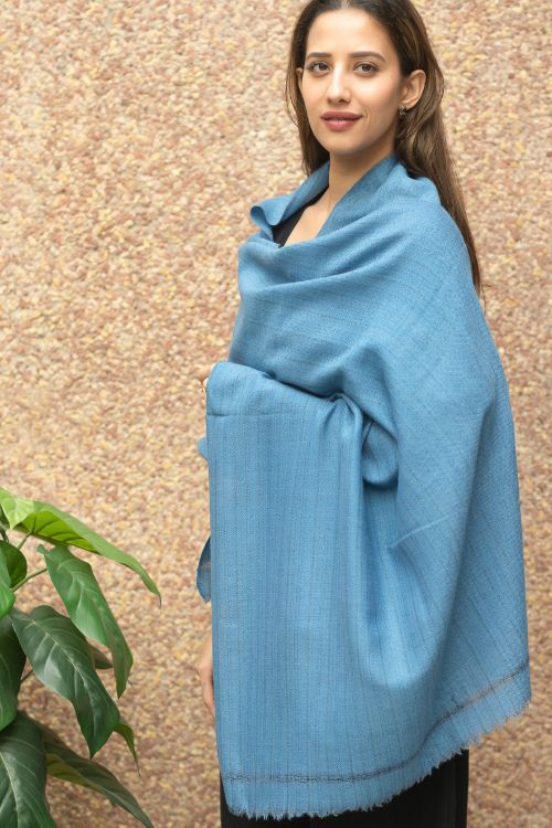 TICH Fine, Soft Himachal Wool Self Striped Plain Stole - Warm Blue - Image 4
