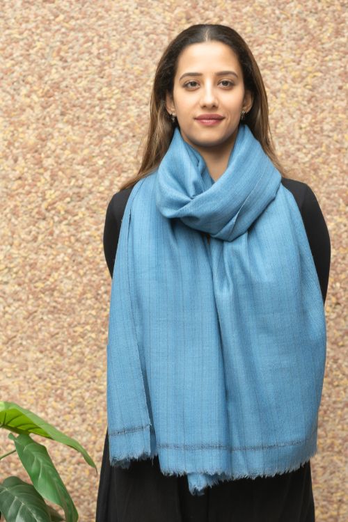 TICH Fine, Soft Himachal Wool Self Striped Plain Stole - Warm Blue - Image 5