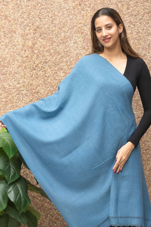 TICH Fine, Soft Himachal Wool Self Striped Plain Stole - Warm Blue - Image 6