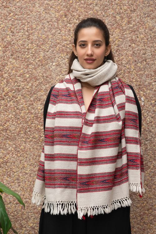 TICH Fine, Soft Himachal Wool Stole - 6 Panels, Off-White - Image 2