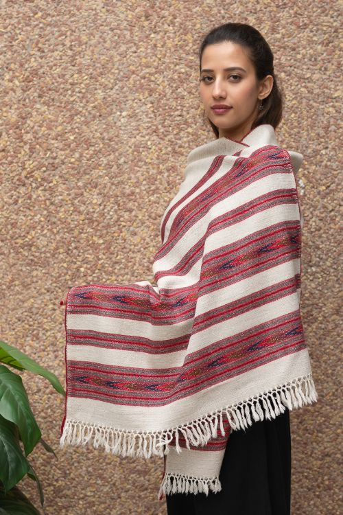 TICH Fine, Soft Himachal Wool Stole - 6 Panels, Off-White - Image 3