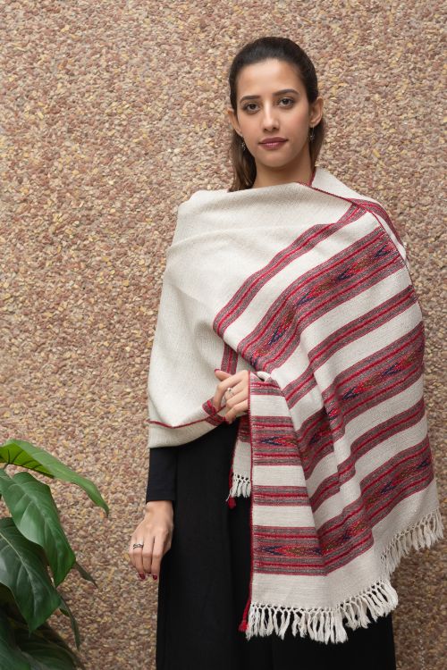 TICH Fine, Soft Himachal Wool Stole - 6 Panels, Off-White - Image 4