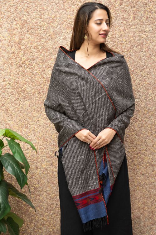 TICH Fine, Soft Himachal Wool Striped Stole - Grey & Blue - Image 2