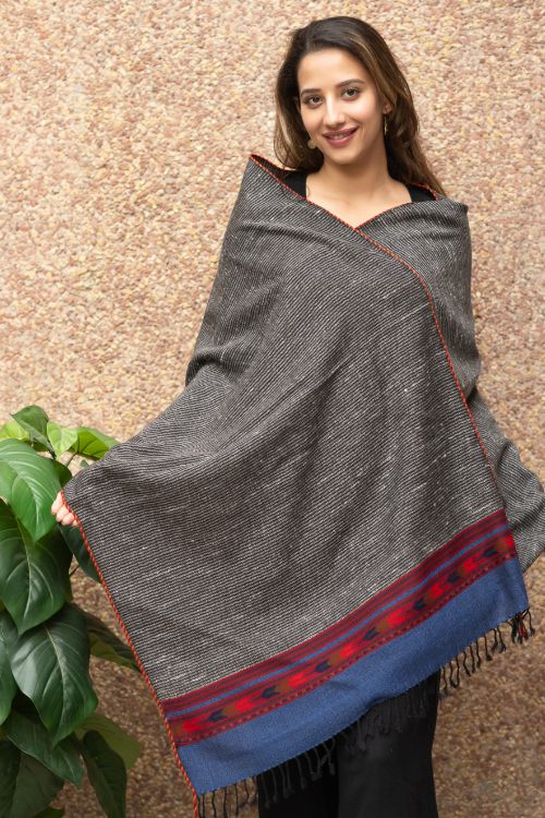 TICH Fine, Soft Himachal Wool Striped Stole - Grey & Blue - Image 3