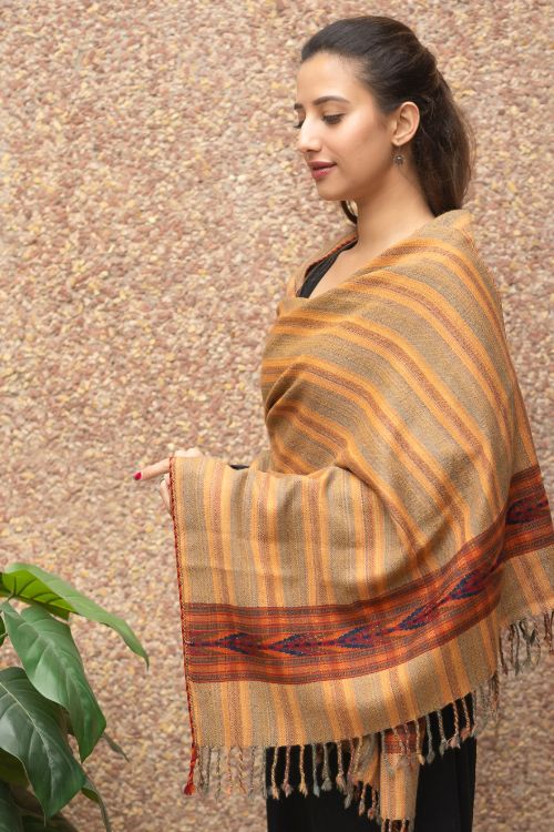 TICH Fine, Soft Himachal Wool Striped Stole - Pale Orange - Image 2