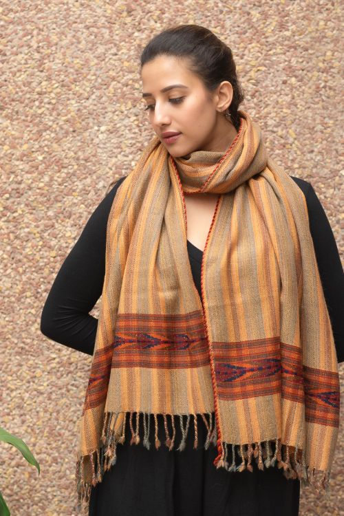 TICH Fine, Soft Himachal Wool Striped Stole - Pale Orange - Image 4