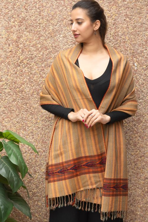TICH Fine, Soft Himachal Wool Striped Stole - Pale Orange - Image 5