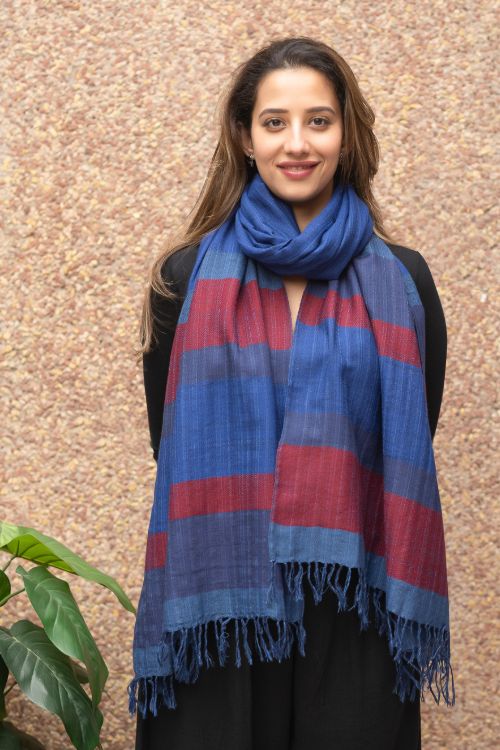 TICH Fine, Soft Himachal Wool Striped Stole - Royal Blue - Image 3
