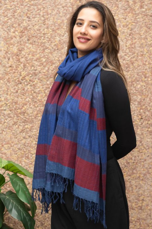 TICH Fine, Soft Himachal Wool Striped Stole - Royal Blue - Image 4