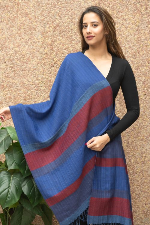 TICH Fine, Soft Himachal Wool Striped Stole - Royal Blue - Image 5