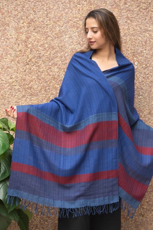 TICH Fine, Soft Himachal Wool Striped Stole - Royal Blue - Image 7