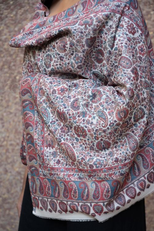 TICH Fine, Soft Kashmiri Kani Pattern Wool Stole - Beige Ornate - Image 2