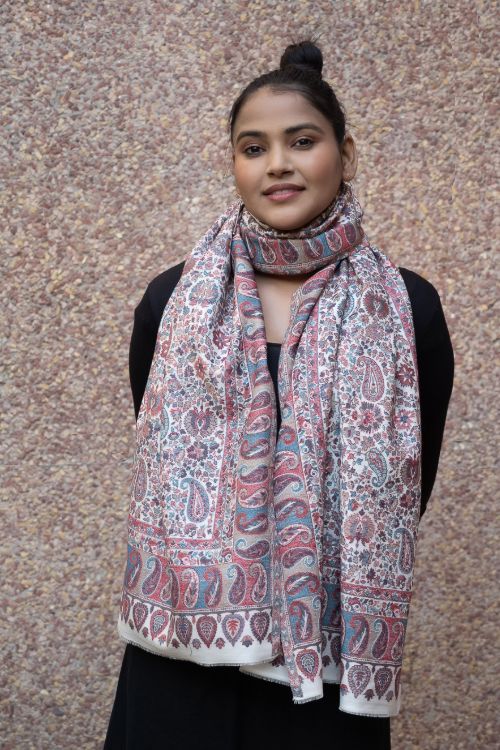 TICH Fine, Soft Kashmiri Kani Pattern Wool Stole - Beige Ornate - Image 3