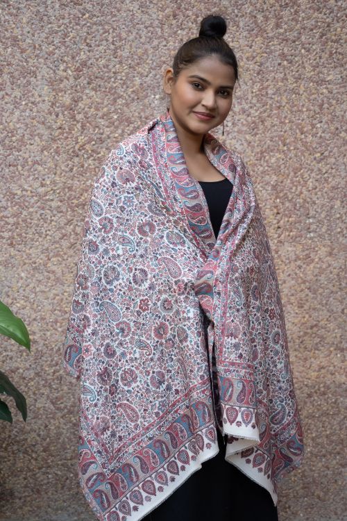TICH Fine, Soft Kashmiri Kani Pattern Wool Stole - Beige Ornate - Image 4