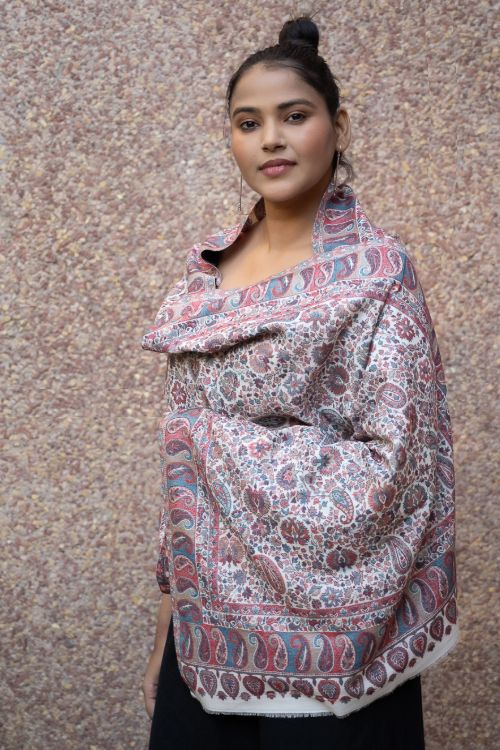 TICH Fine, Soft Kashmiri Kani Pattern Wool Stole - Beige Ornate - Image 5