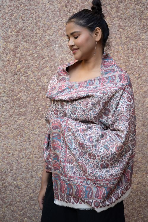 TICH Fine, Soft Kashmiri Kani Pattern Wool Stole - Beige Ornate - Image 6
