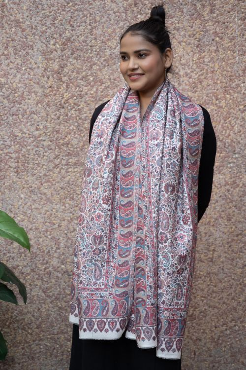 TICH Fine, Soft Kashmiri Kani Pattern Wool Stole - Beige Ornate - Image 7