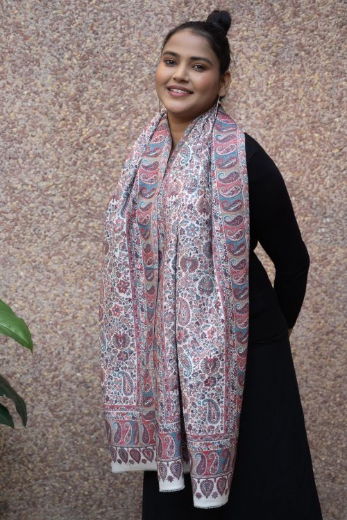 TICH Fine, Soft Kashmiri Kani Pattern Wool Stole - Beige Ornate - Image 8