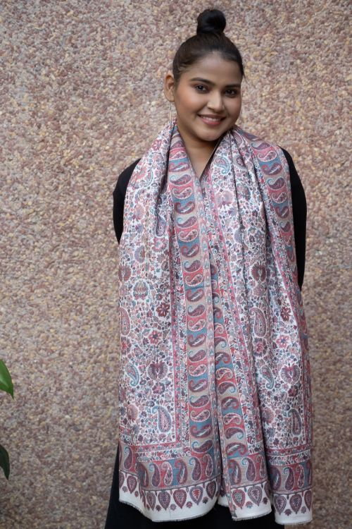 TICH Fine, Soft Kashmiri Kani Pattern Wool Stole - Beige Ornate - Image 9