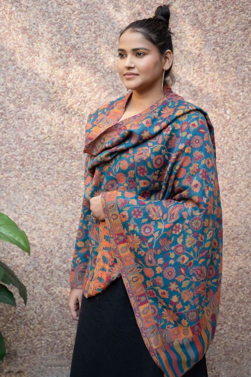 TICH Fine, Soft Kashmiri Kani Pattern Wool Stole - Blue Ornate - Image 5