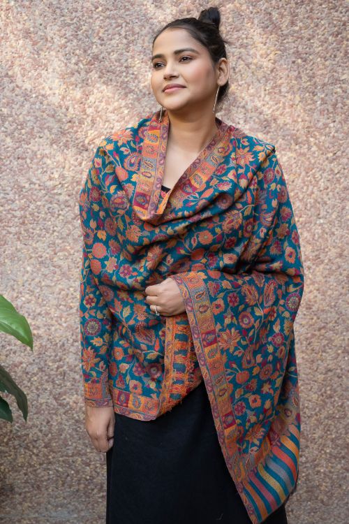 TICH Fine, Soft Kashmiri Kani Pattern Wool Stole - Blue Ornate - Image 6