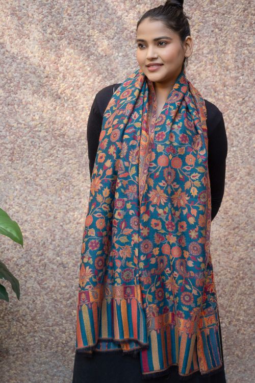 TICH Fine, Soft Kashmiri Kani Pattern Wool Stole - Blue Ornate - Image 7