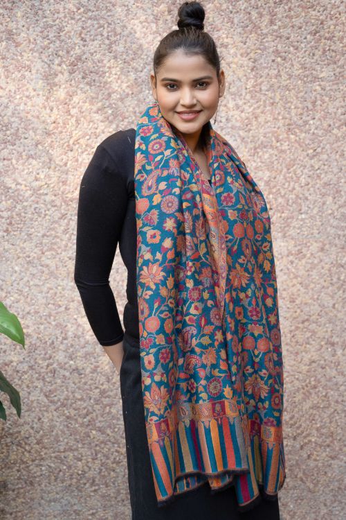 TICH Fine, Soft Kashmiri Kani Pattern Wool Stole - Blue Ornate - Image 8
