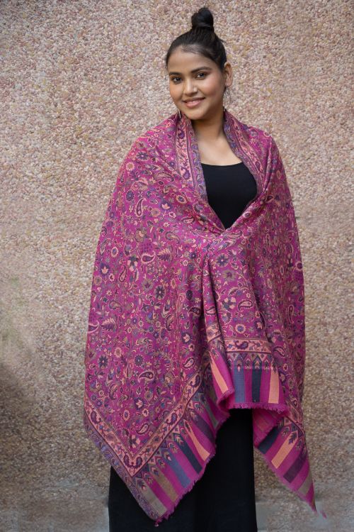 TICH Fine, Soft Kashmiri Kani Pattern Wool Stole - Deep Pink Paisley - Image 4