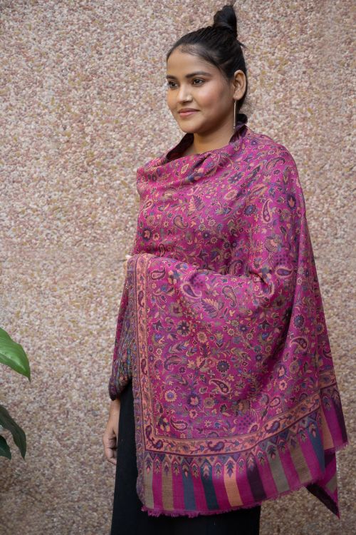 TICH Fine, Soft Kashmiri Kani Pattern Wool Stole - Deep Pink Paisley - Image 5