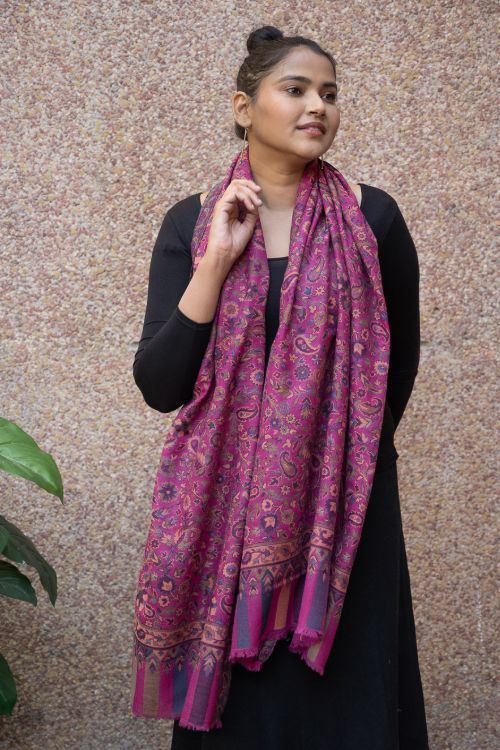 TICH Fine, Soft Kashmiri Kani Pattern Wool Stole - Deep Pink Paisley - Image 6