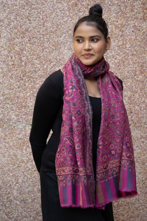TICH Fine, Soft Kashmiri Kani Pattern Wool Stole - Deep Pink Paisley - Image 7
