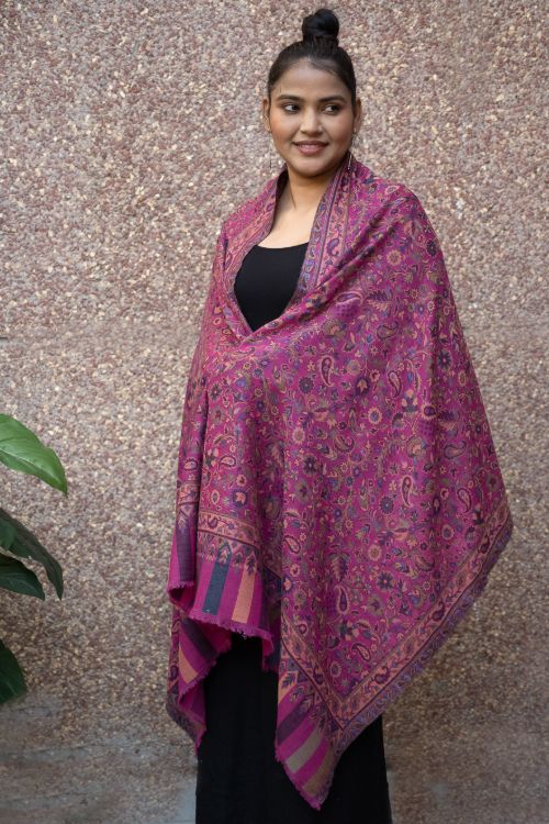 TICH Fine, Soft Kashmiri Kani Pattern Wool Stole - Deep Pink Paisley - Image 8